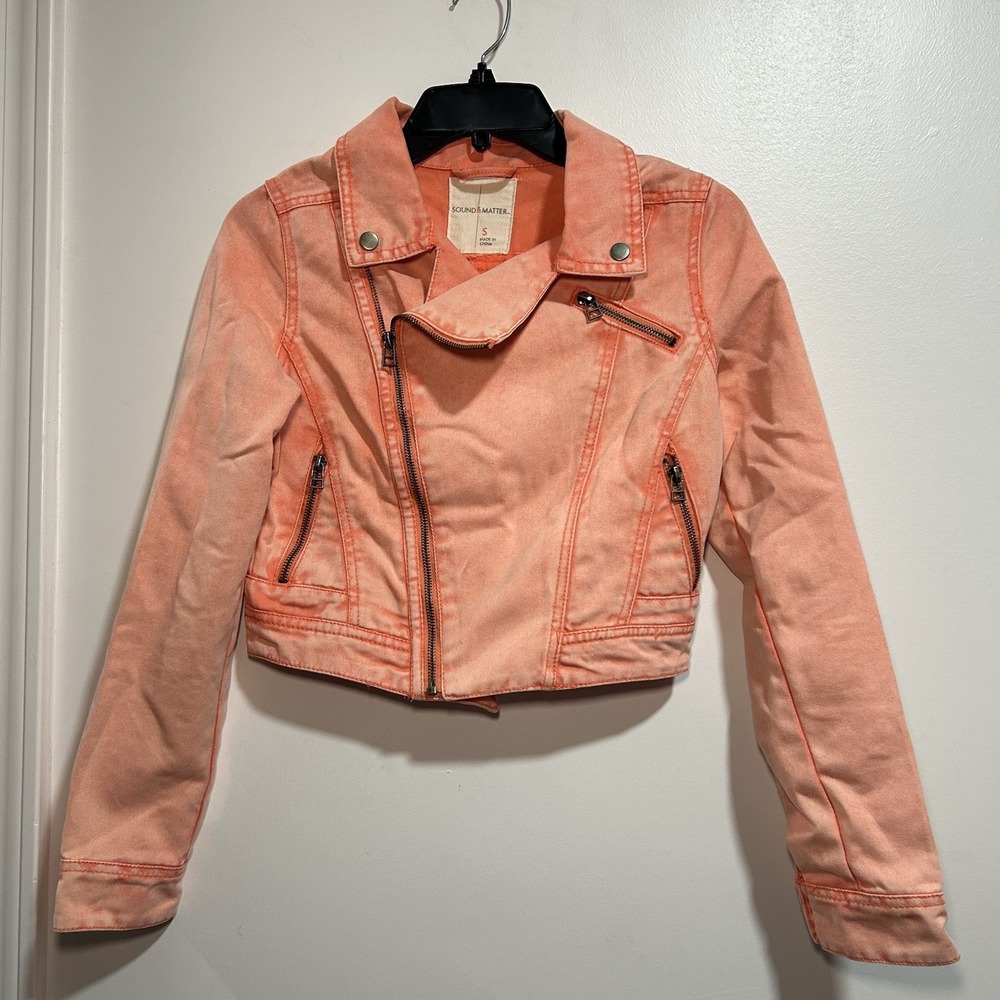 Sound & Matter Orange Denim Crop Moto Jacket Size Small